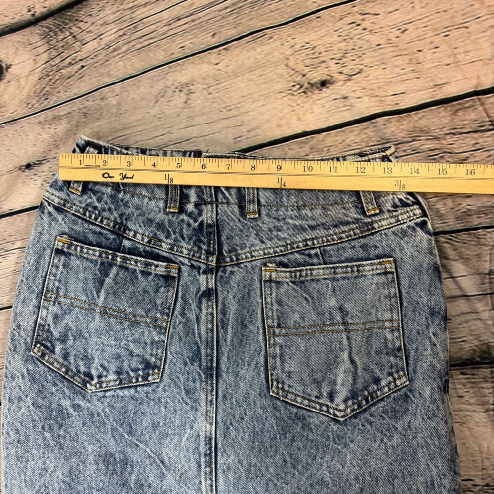 Whipp Vintage 80s 90s Acid Wash Blue Denim Midi Skirt Back Button Slit Size 9/10 - Picture 4 of 7